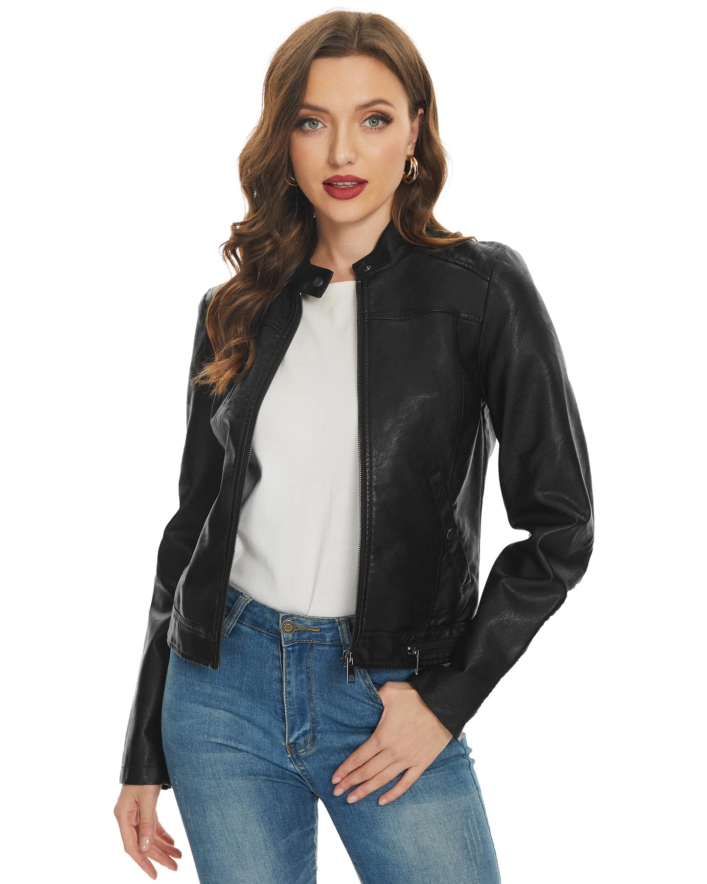 Fahsyee Black Faux Leather Jackets for Women Zip Up Motorcycle Short PU Moto Biker Outwear Fitted Slim Coat Size M