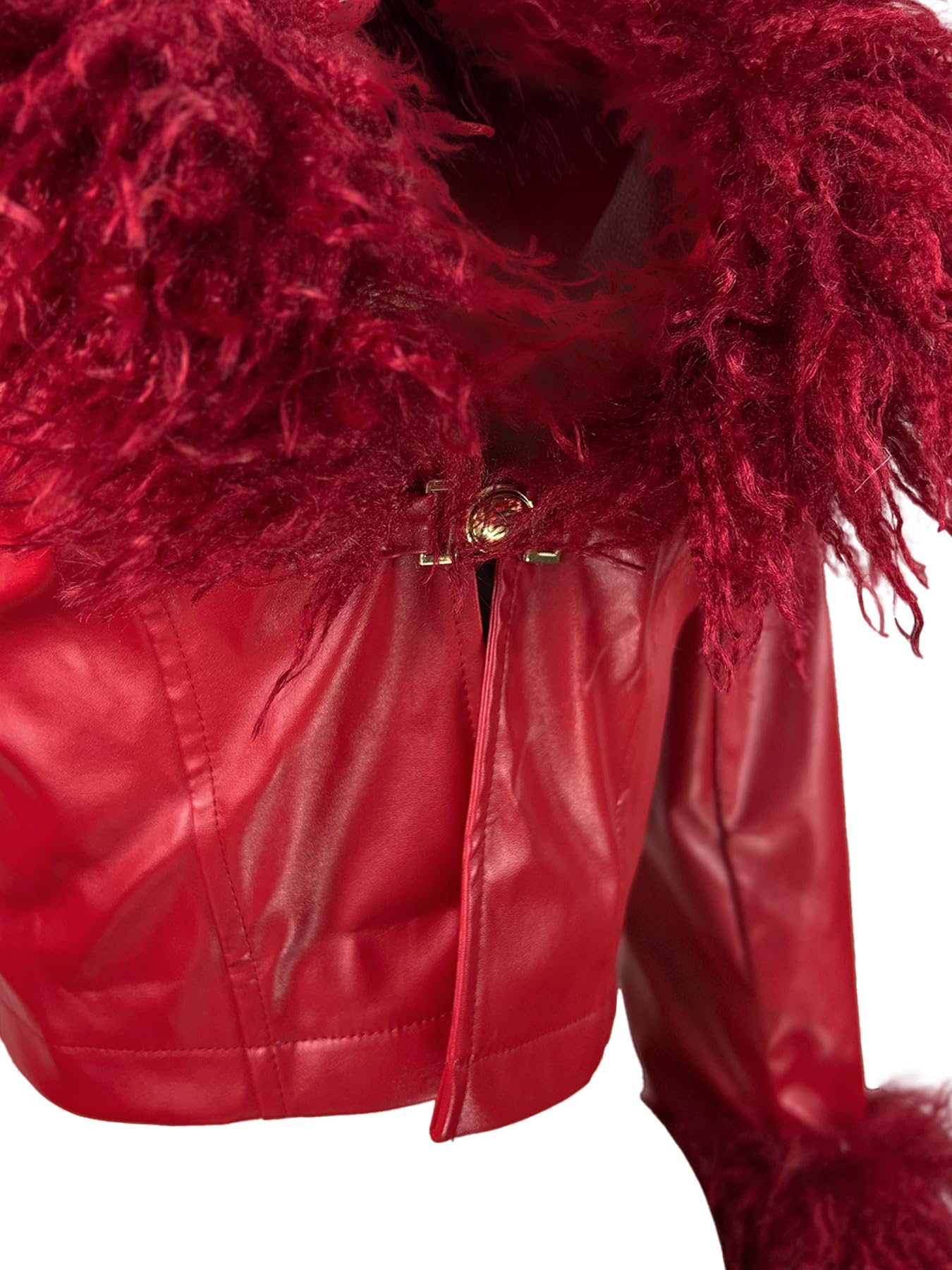 Mandonce Fur Cropped Leather Jacket Women V Neck Buckle Cinched Waist Motorcycle Jacket Y2K Sexy Going Out Jacket Streetwear Burgundy