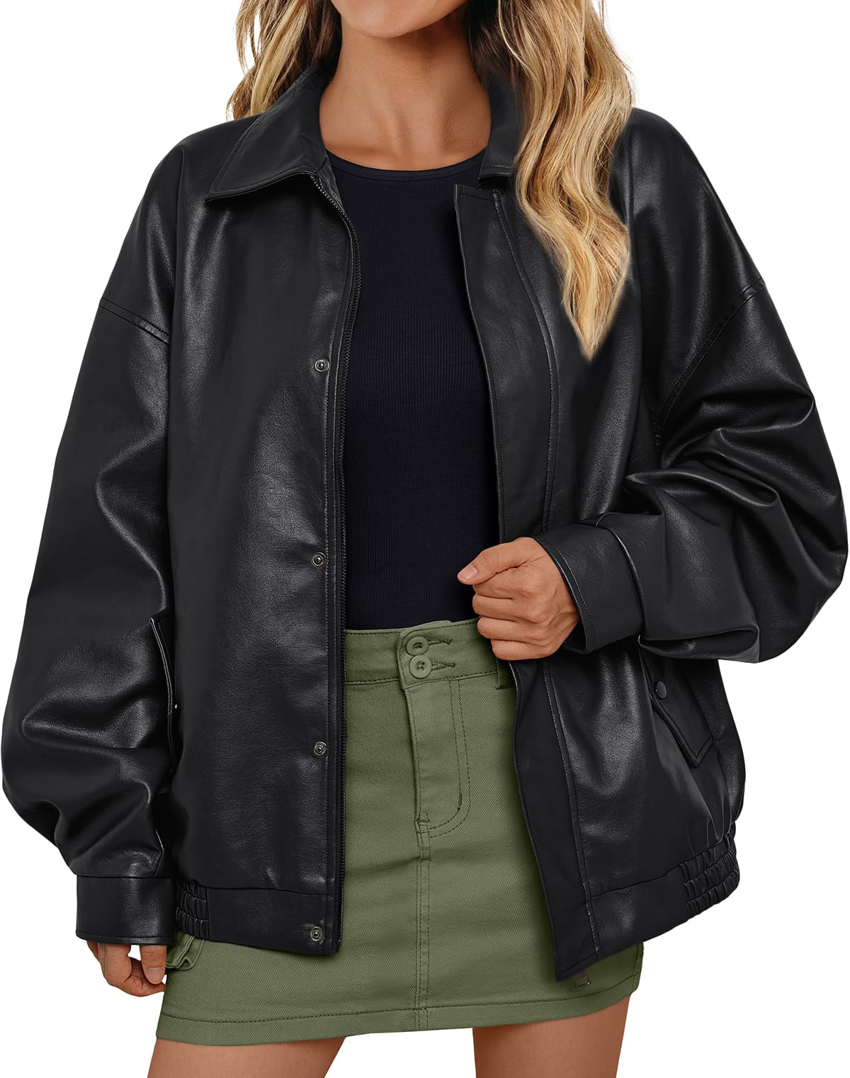 AUTOMET Women's Oversized Leather Jackets Faux Suede 2026 Fall Zip Up Motorcycle Coats Blazer Jackets for Women Outfits Black M