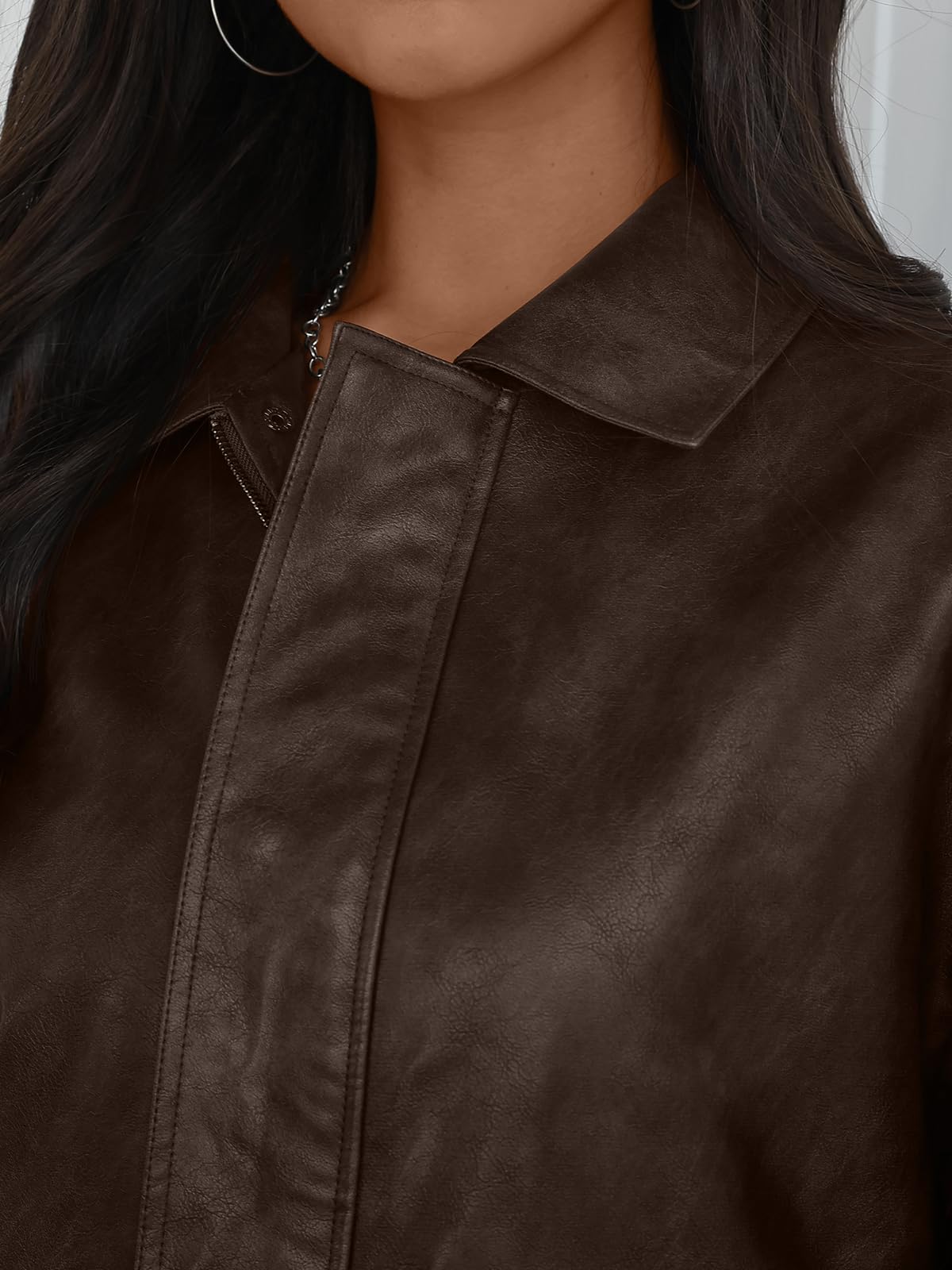 Trendy Queen Women's Oversized Faux Leather Jackets - Textured Bomber Moto Style Zip Up Coats for Fall Winter Spring Brown M