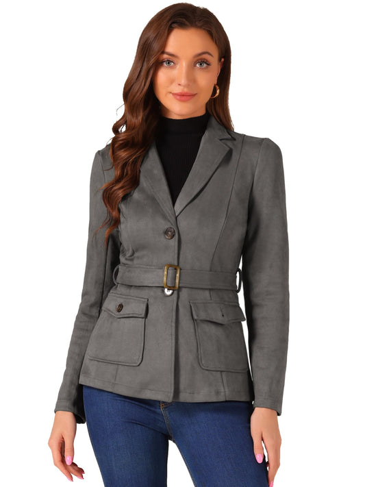 Allegra K Women's Faux Suede Blazer Belted Lapel Outwear Single Breasted Work Jacket Small Dark Grey