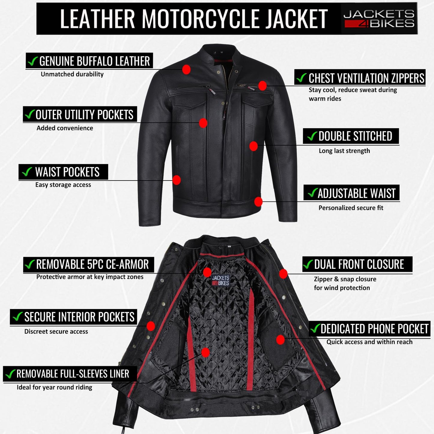 COMMUTER Men's Motorcycle Jacket, Premium Buffalo Leather, CE Armor - Ventilation, Utility Pockets, Cruiser Biker Tan XL