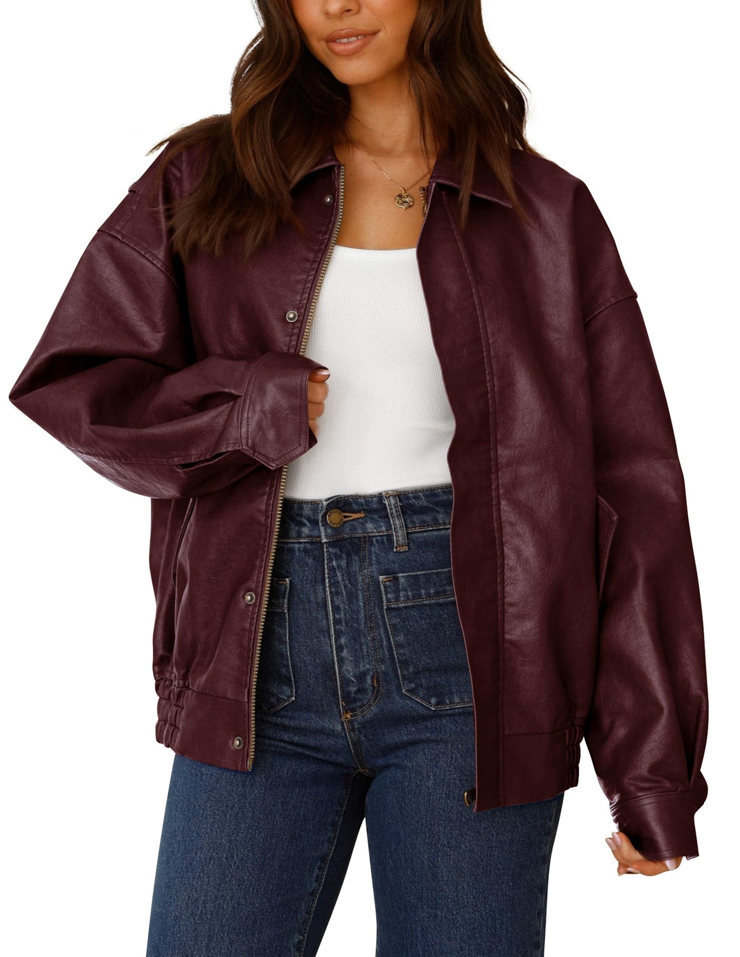 PRETTYGARDEN Women's Faux Leather Motorcycle Jacket Trendy Fall Spring Clothes Oversized Zip Up Winter Coat Outerwear (Wine Red,X-Large)