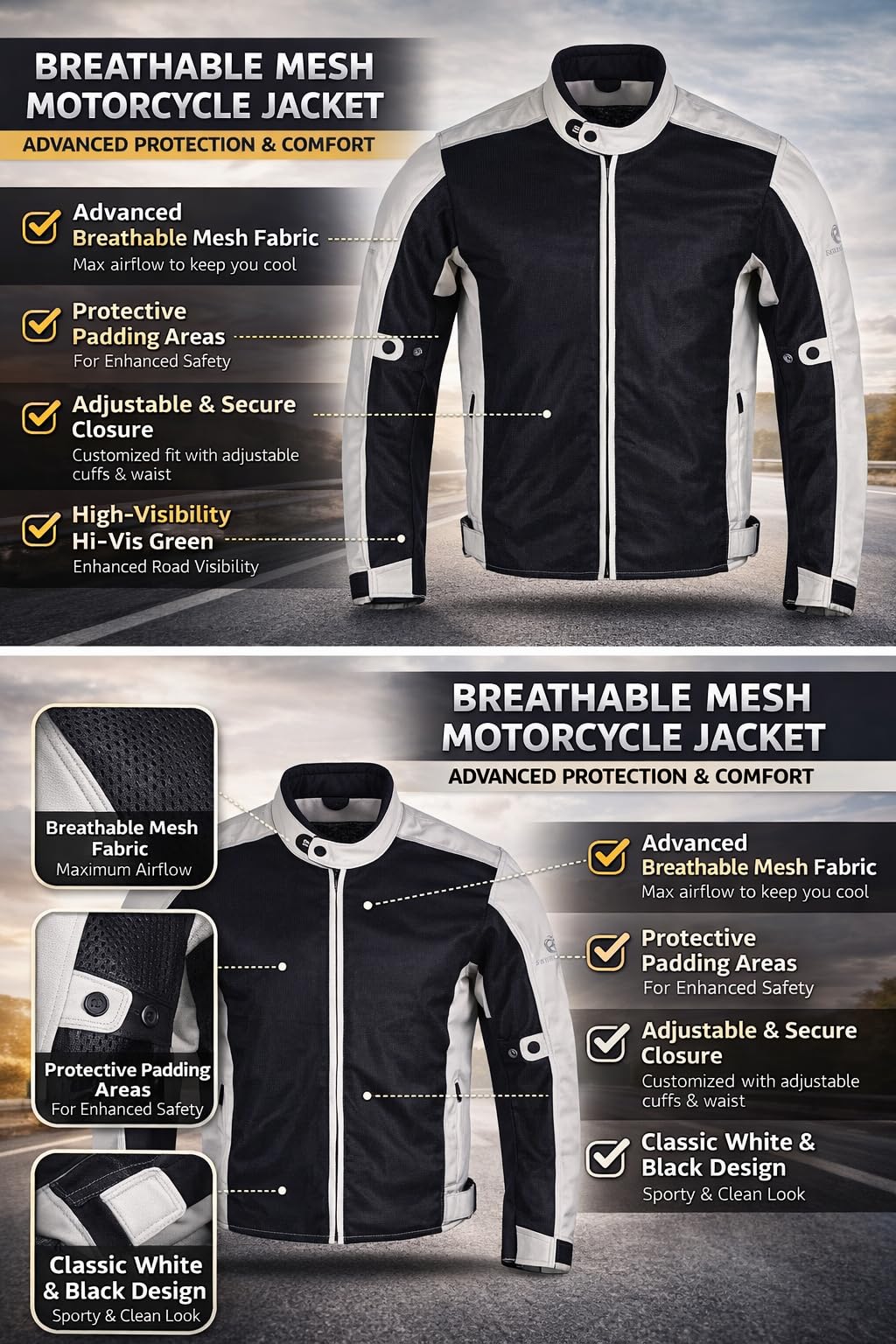 SGR Cool Mesh Cotton Motorcycle Jacket, Black with White Contrast, Zip Front Closure, Protective Riding Gear