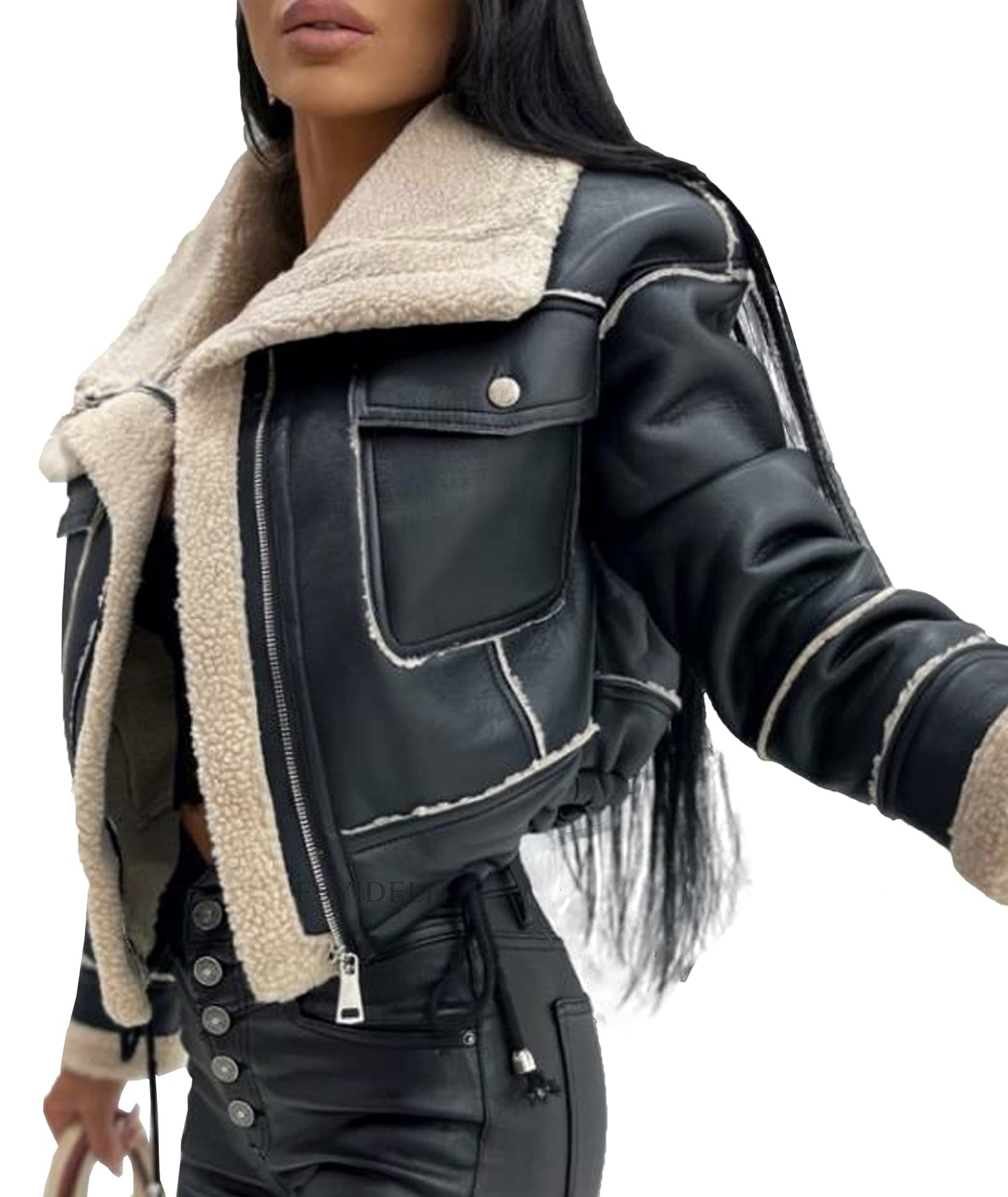 Sexyshine Women's Faux Shearing Moto Bomber Jacket Sherpa-Lined Coat Winter Aviator Leather Coat Outerwear(23744BL,L)