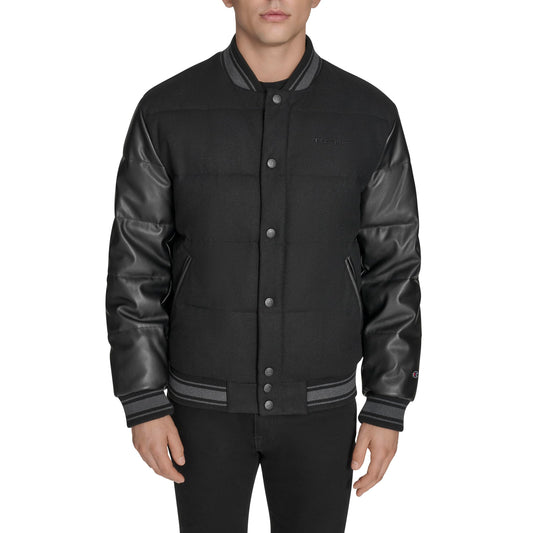Champion Men's Varsity Bomber Puffer Jacket, Black Faux Leather, Large