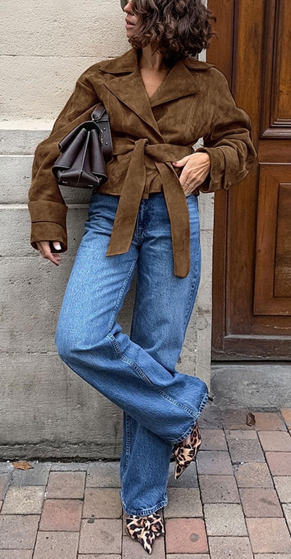 CHARTOU Faux Suede Leather Jacket 2025 Vintage Casual Cropped Wrap Coat with Belt (Large,Brown)