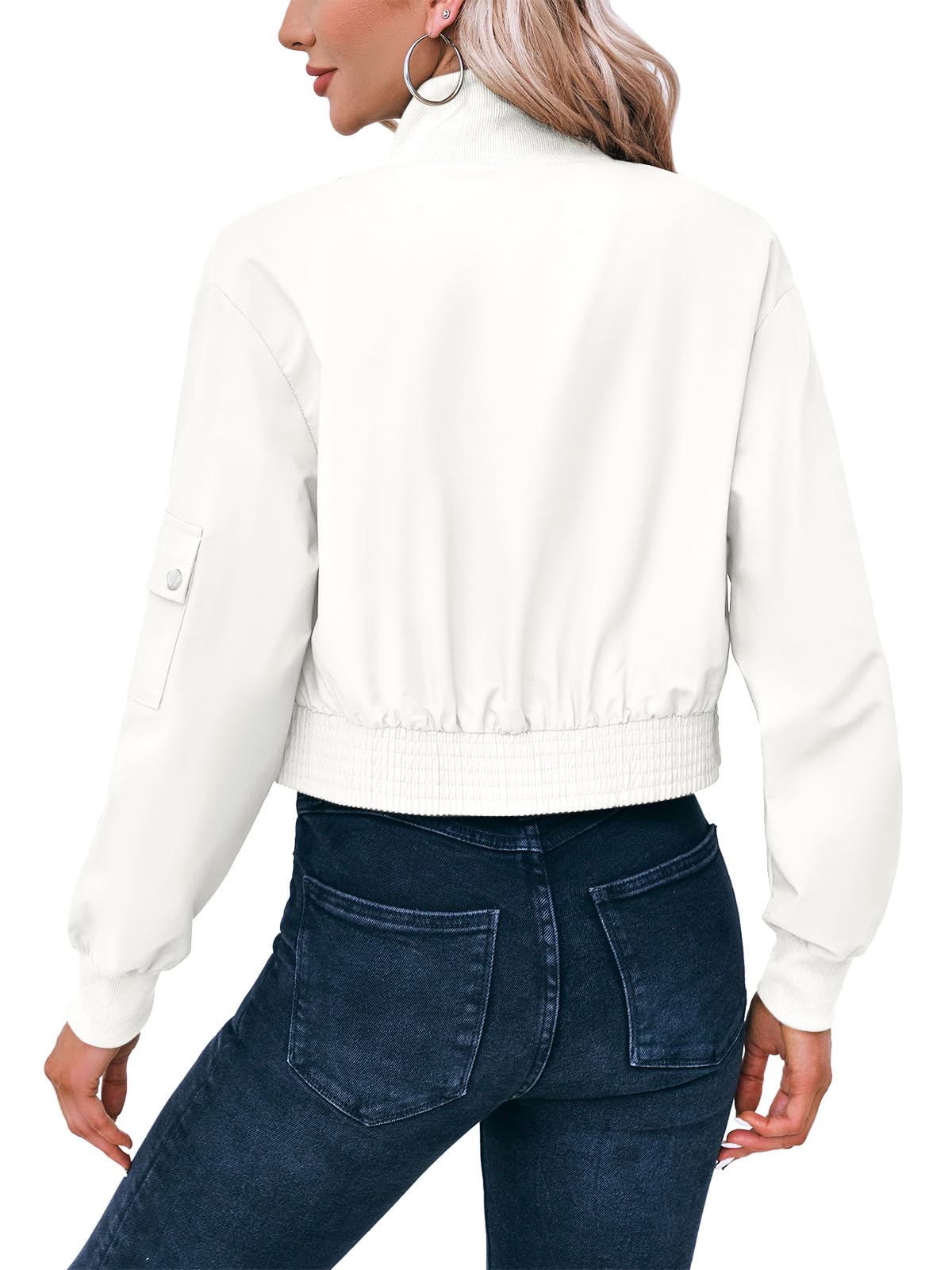 Fisoew Women's Fashion Cropped Bomber Jacket Long Sleeve Zip Up Stand Collar Jacket Coat with Pocket