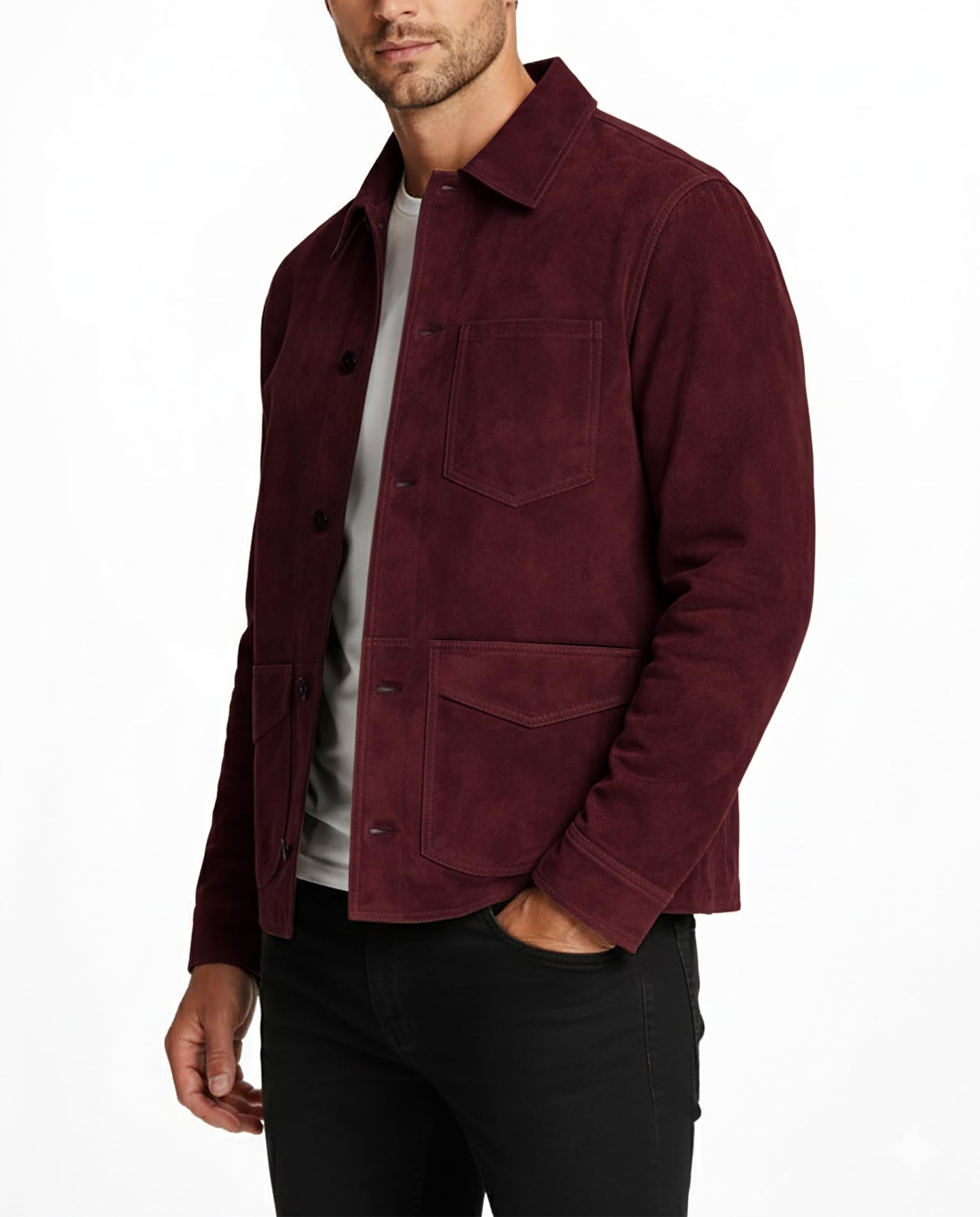 LP-FACON Mens Classic Maroon Suede Leather Jacket Shirt Style - Western Trucker Casual Cowboy Suede Leather Jacket 2XL