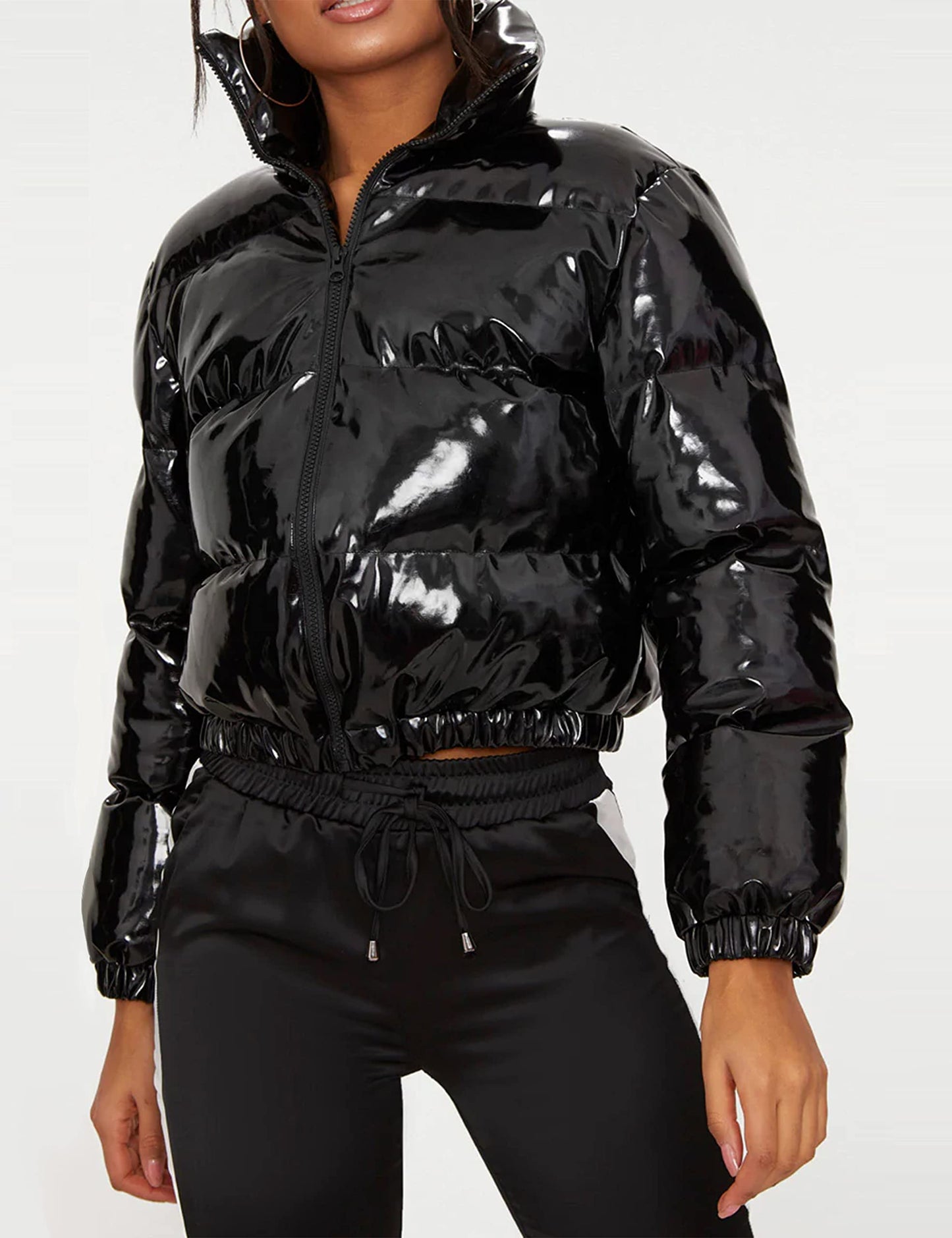 UANEO Women's Cropped Puffer Jacket Winter Shiny Zip Up Short Bubble Puffy Coats