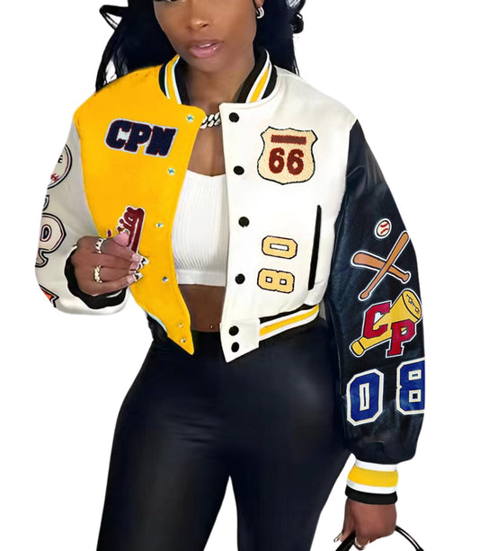 Glitrandi Varsity Jacket for Women Jacket with Patches Cropped Bomber Leather Jacket Woman Winter Spring 2025 S-XXL