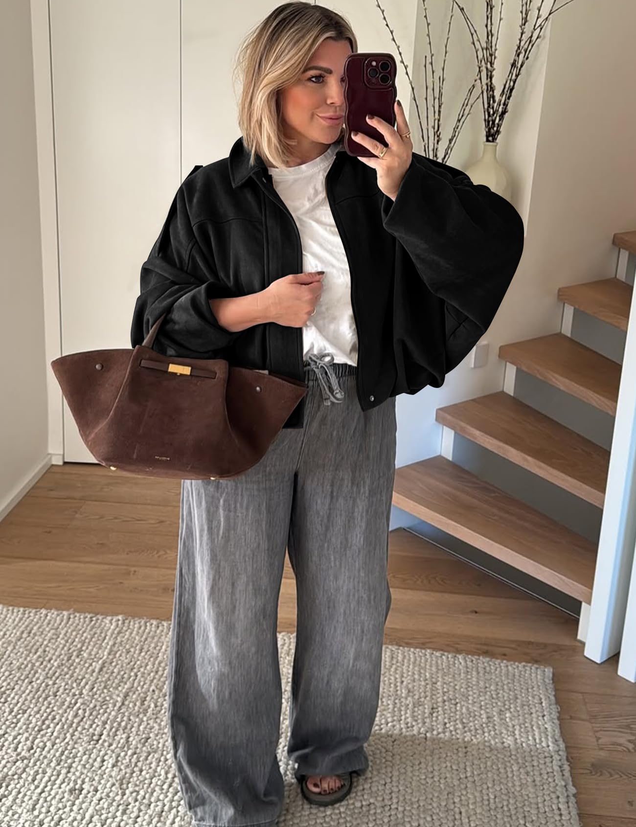 Kissonic Women's Oversized Jackets Faux Suede Bomber Jacket Lapel Pilot Cropped Casual Coat for Streetwear Outerwear(Black-L)