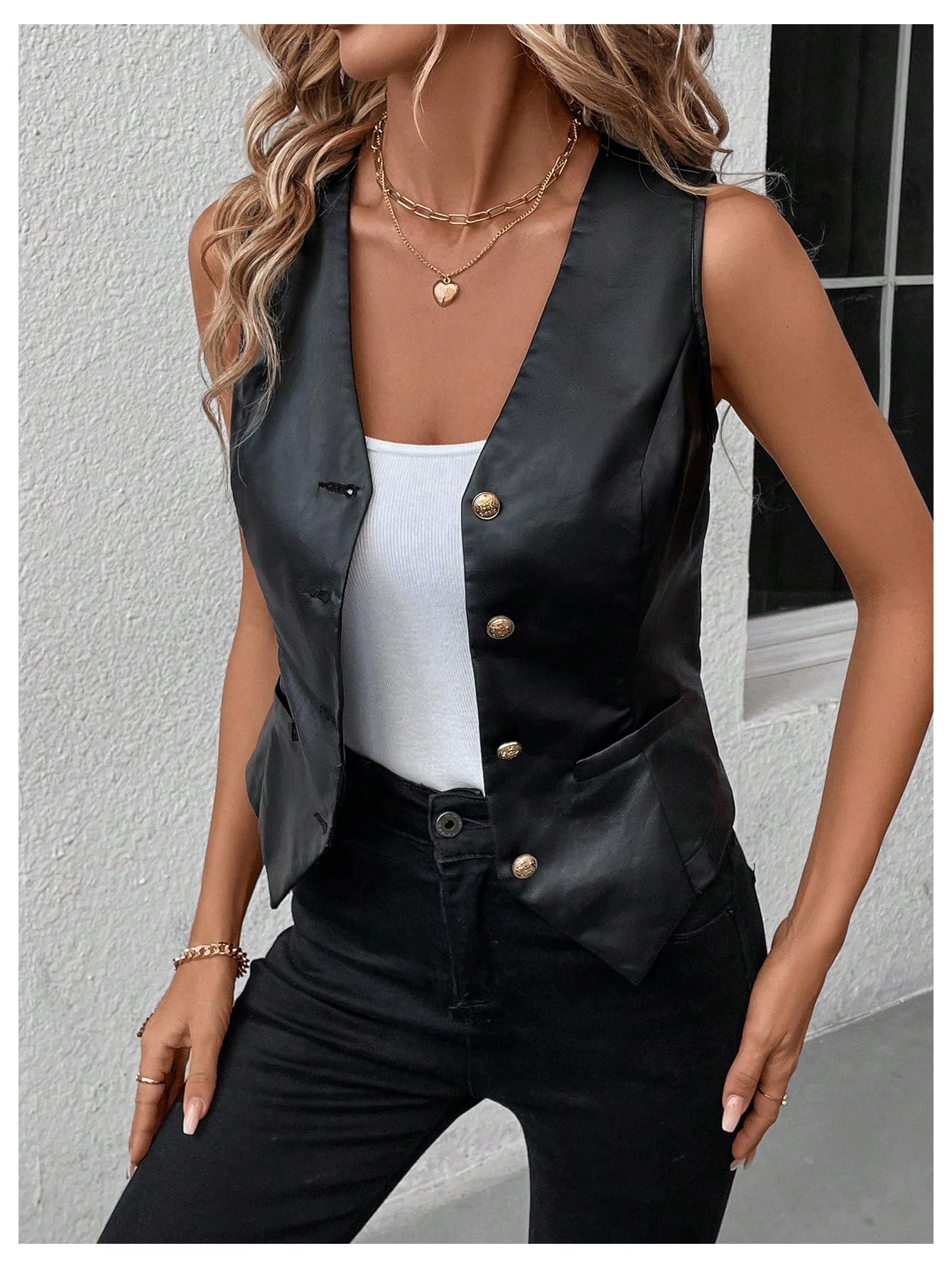 SweatyRocks Women's PU Leather Button Down V Neck Sleeveless Jacket Vest Waistcoat Black Small