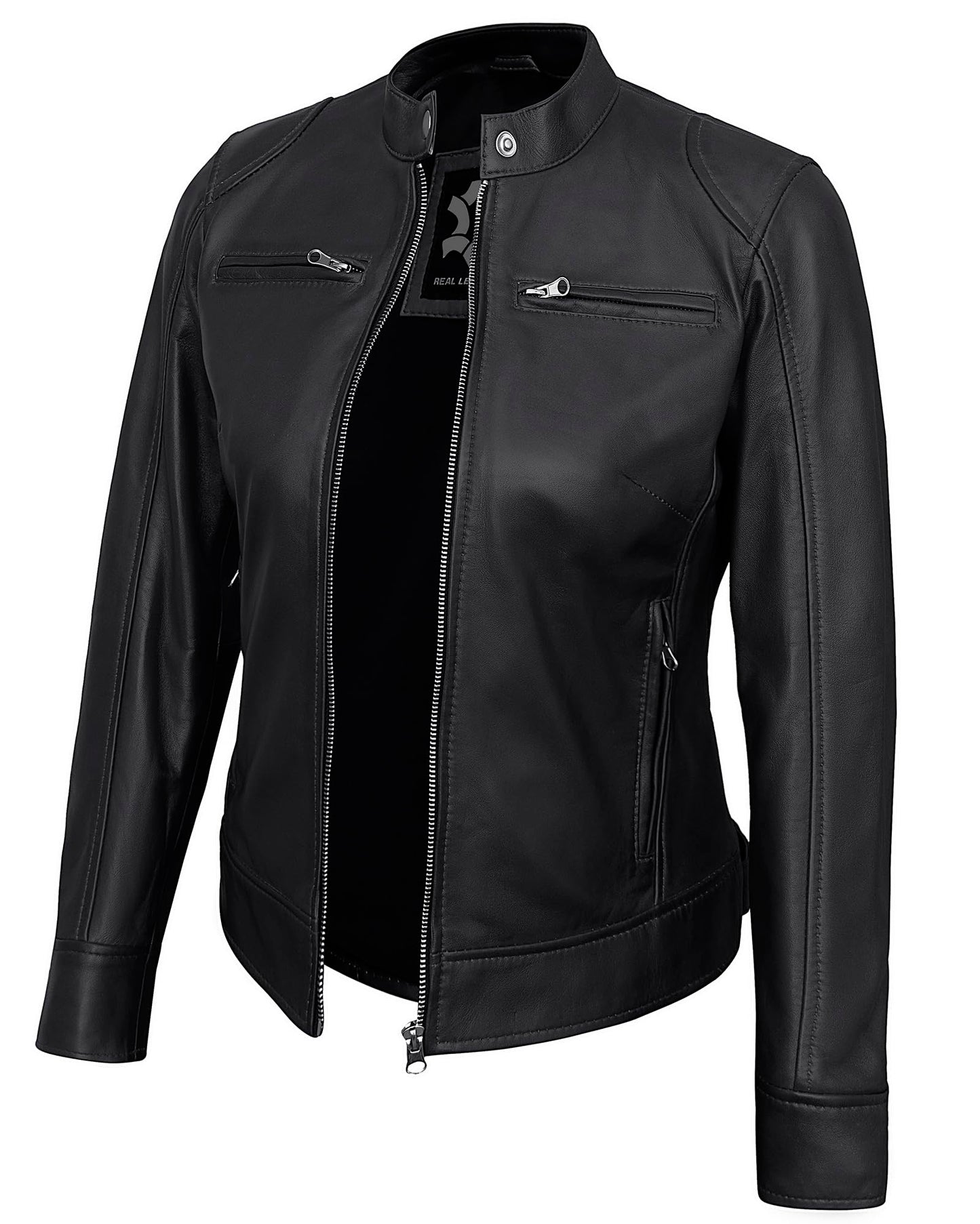 UrbanFocal DISC Womens Motorcycle Leather Jackets - Stylish Real Lambskin Black Leather Jacket Women | [101003104] Black Ddge, L