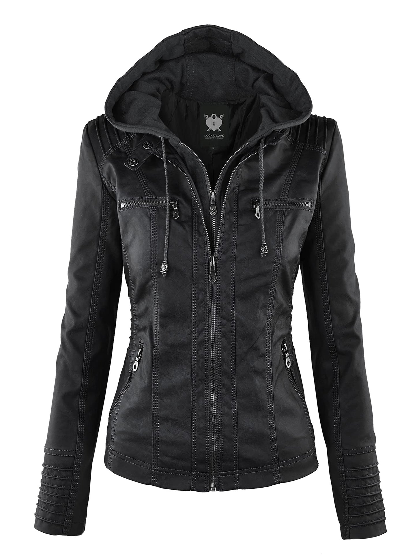 LL WJC663 Women’s Faux Leather Moto Biker Jacket with Removable Hood – Lightweight Zip-Up Coat with Pockets for Fall and Winter M Black