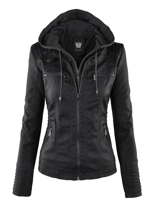 LL WJC663 Women’s Faux Leather Moto Biker Jacket with Removable Hood – Lightweight Zip-Up Coat with Pockets for Fall and Winter M Black