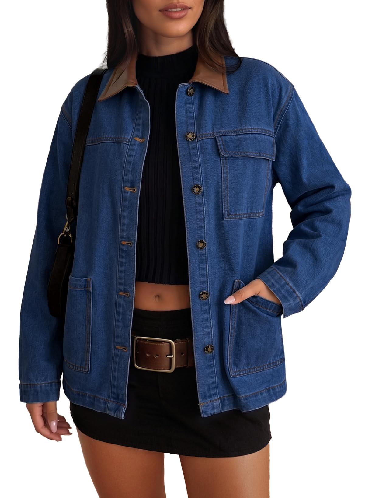 Sidefeel Denim Jacket for Women Long Sleeve Leather Neck Button Down Jean Jacket with Three Big Pockets Bluing Small