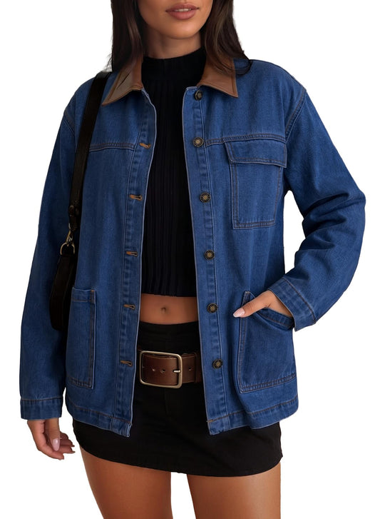 Sidefeel Denim Jacket for Women Long Sleeve Leather Neck Button Down Jean Jacket with Three Big Pockets Bluing Small