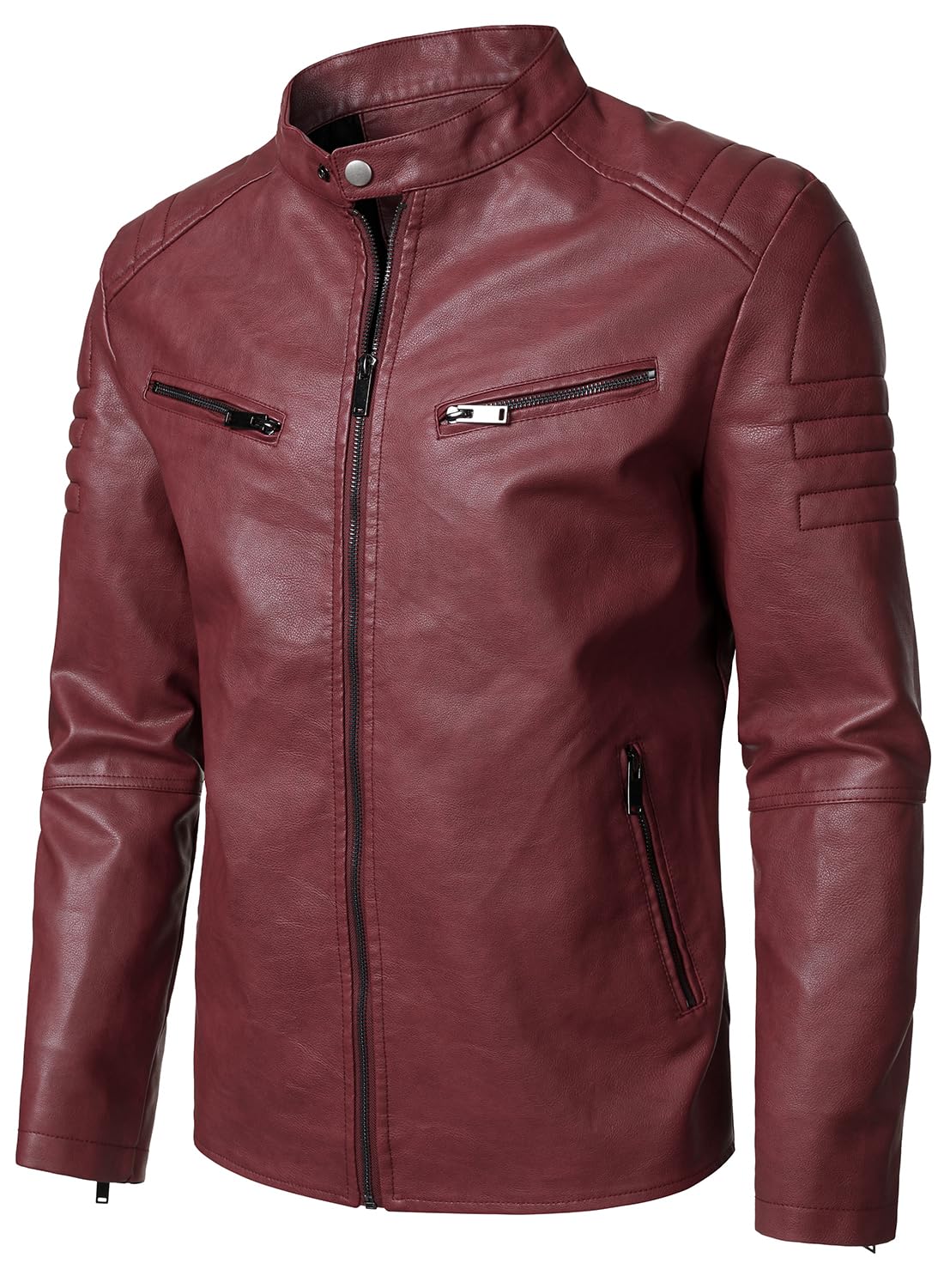 HOOD CREW Men’s Faux Leather Motorcycle Jackets Stand-up Collar Leather Jacket Vintage Coats Outwear Red M