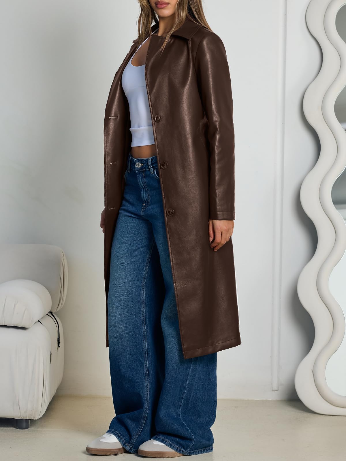 Trendy Queen Womens Brown Long Leather Jackets Trench Dress Pea Coats Peacoat Winter Fall Blazer Suit 2026 Faux Ladies Breasted Casual Warm Waterproof Outfits Clothes Clothing Oversized XL