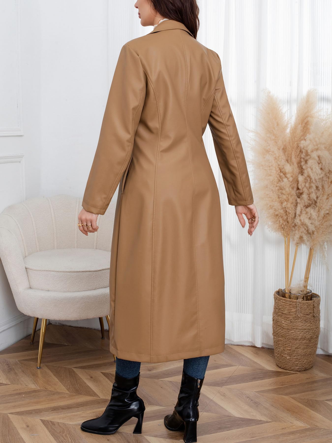 utcoco Womens Faux Leather Trench Coat Classic Lapel Button Down Maxi Jacket 2025 Stylish Overcoat (Small, Brown)
