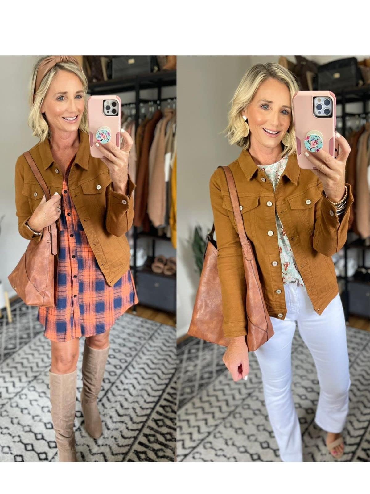 luvamia Women's Classic Casual Long Sleeves Jacket Basic Button Down Brown Trucker Jacket Coat Size Large