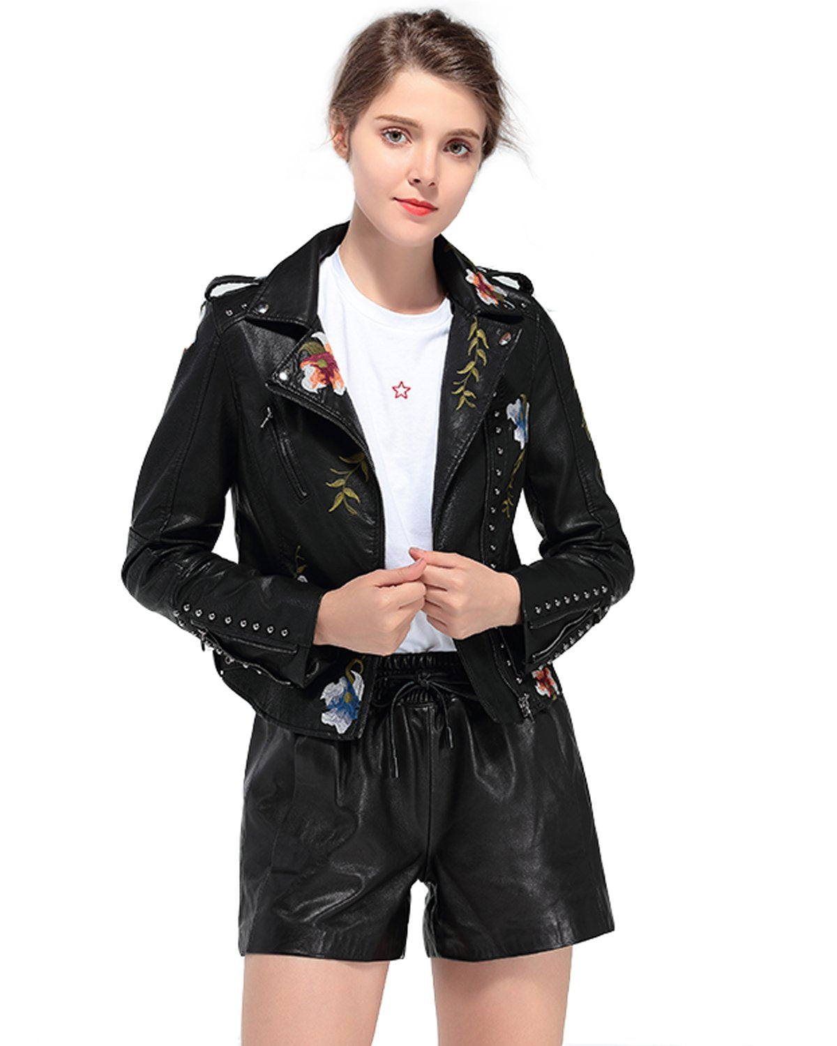 LY VAREY LIN Women's Floral Embroidered Faux Leather Moto PU Jacket Coat (L, Black)