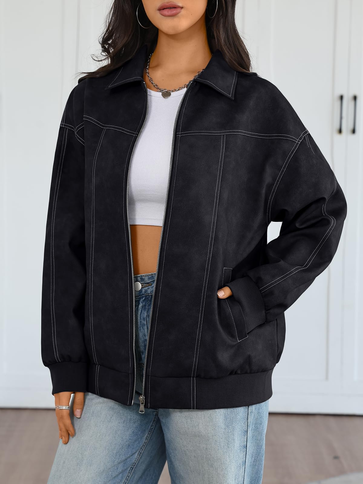 Trendy Queen Womens Leather Jackets Oversized Zip Up Motorcycle Bomber Jackets Fall Fashion Outfits Winter Clothes 2026 Black S
