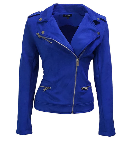 ODCOCD Faux Suede Jacket for Women Long Sleeve Zipper Up Casual Outwear (CA/US, Alpha, Large, Regular, Regular, Royal Blue)