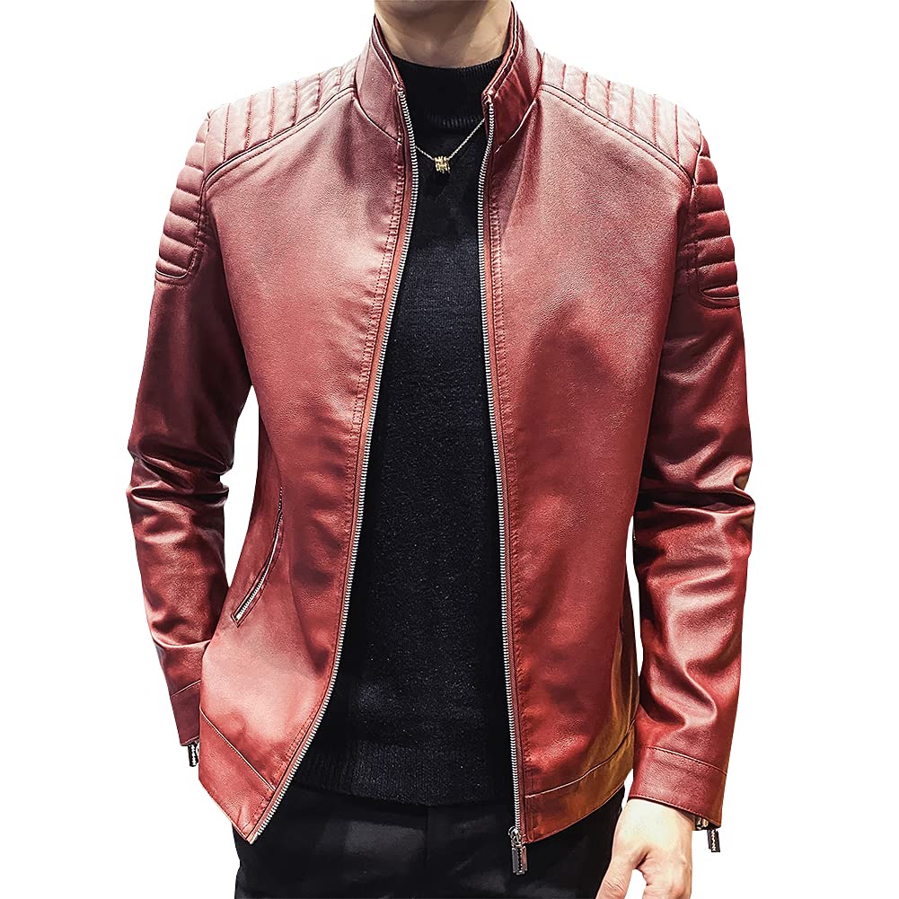 Womleys Mens Casual Stand Collar Slim Fit Faux Leather Jacket Biker Motorcycle Jacket (X-Red, X-Large)