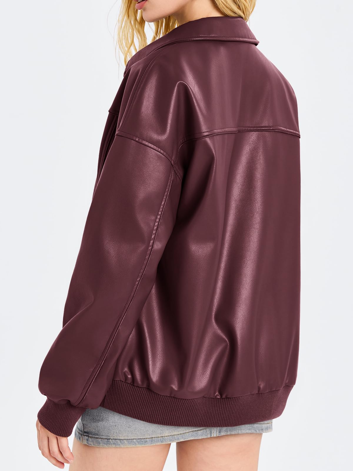 Tankaneo Womens Faux Leather Jackets Oversized Bomber Casual Fall Fashion Zip Up Moto Biker Coats