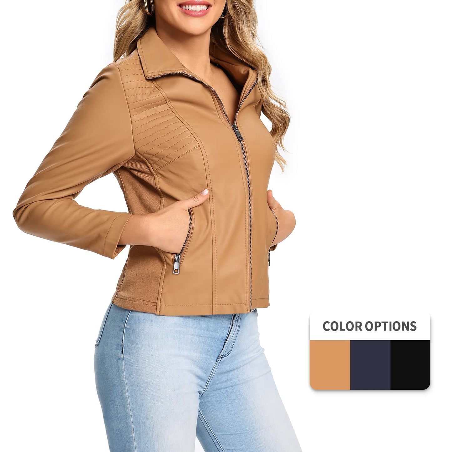 S P Y M Womens Faux Leather Jacket, Casual Fashion Quilted Zip Up Suede Coat With Elastic Rib