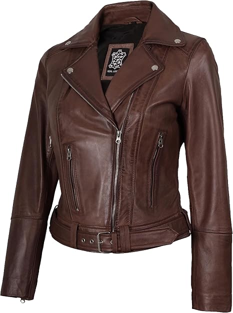 Blingsoul Real Lambskin Brown Motorcycle Jacket Women | [1315025] Ald Cognac, XL