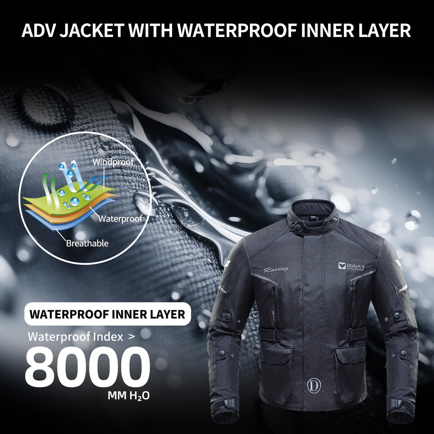 DUHAN Motorcycle Jacket Men, Waterproof Motorcycle Riding Jacket CE Level 2 Armor 3 In 1 Windproof biker Jacket Reflective with Detachable Thermal Liner for All Season Motorbike/Motorcross/Mtb/ADV