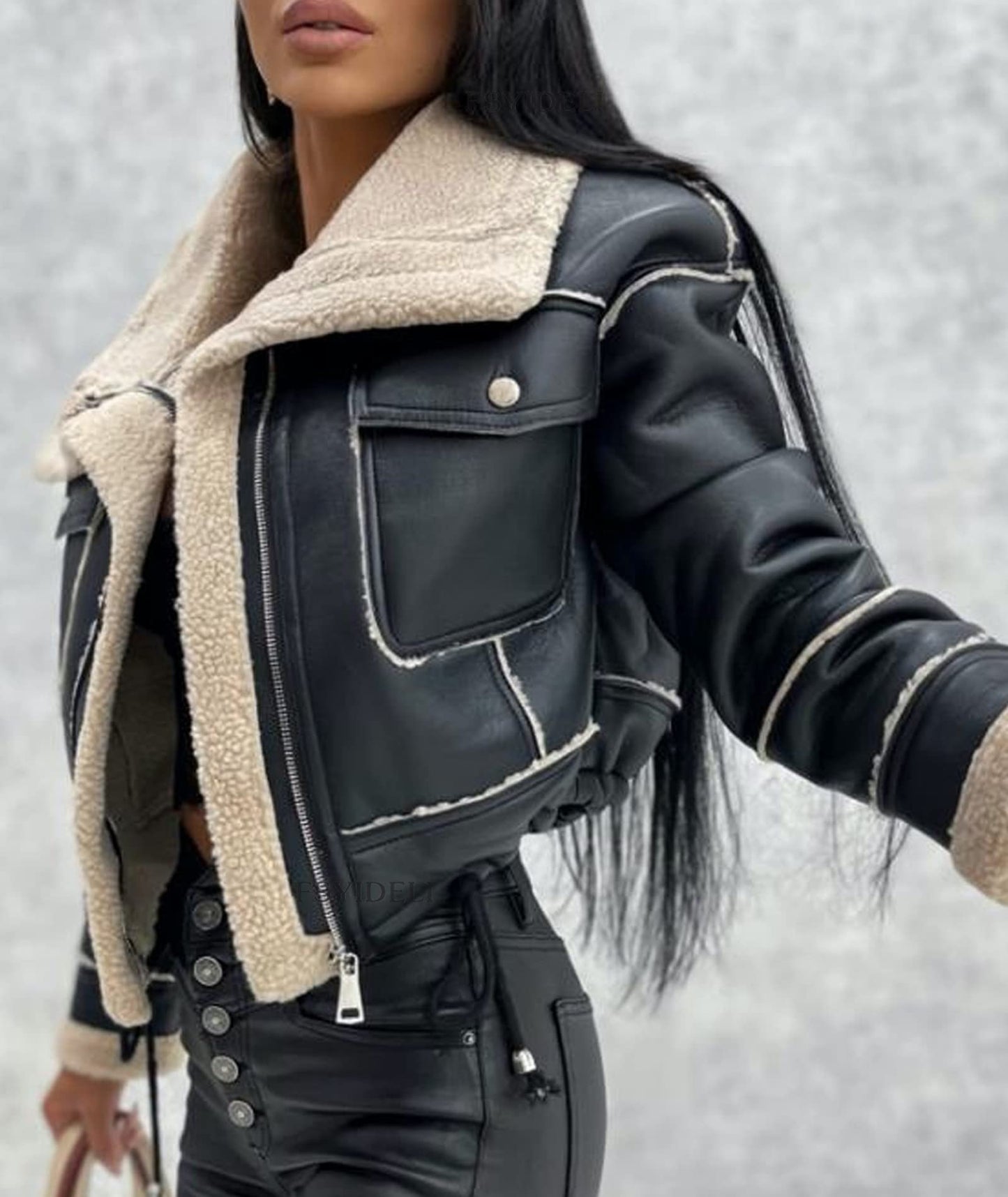 Sexyshine Women's Faux Shearing Moto Bomber Jacket Sherpa-Lined Coat Winter Aviator Leather Coat Outerwear(23744BL,L)