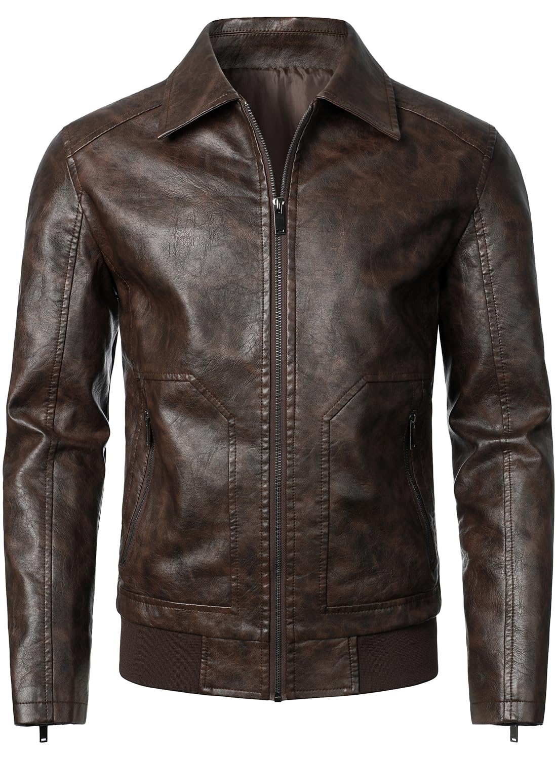 HOOD CREW Mens Faux Leather Bomber Jacket Classic Style Motorcycle Jackets Coffee L