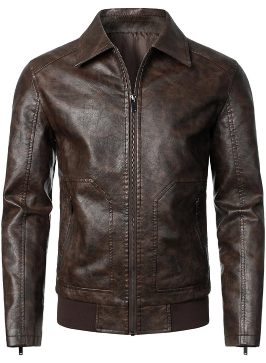 HOOD CREW Mens Faux Leather Bomber Jacket Classic Style Motorcycle Jackets Coffee M