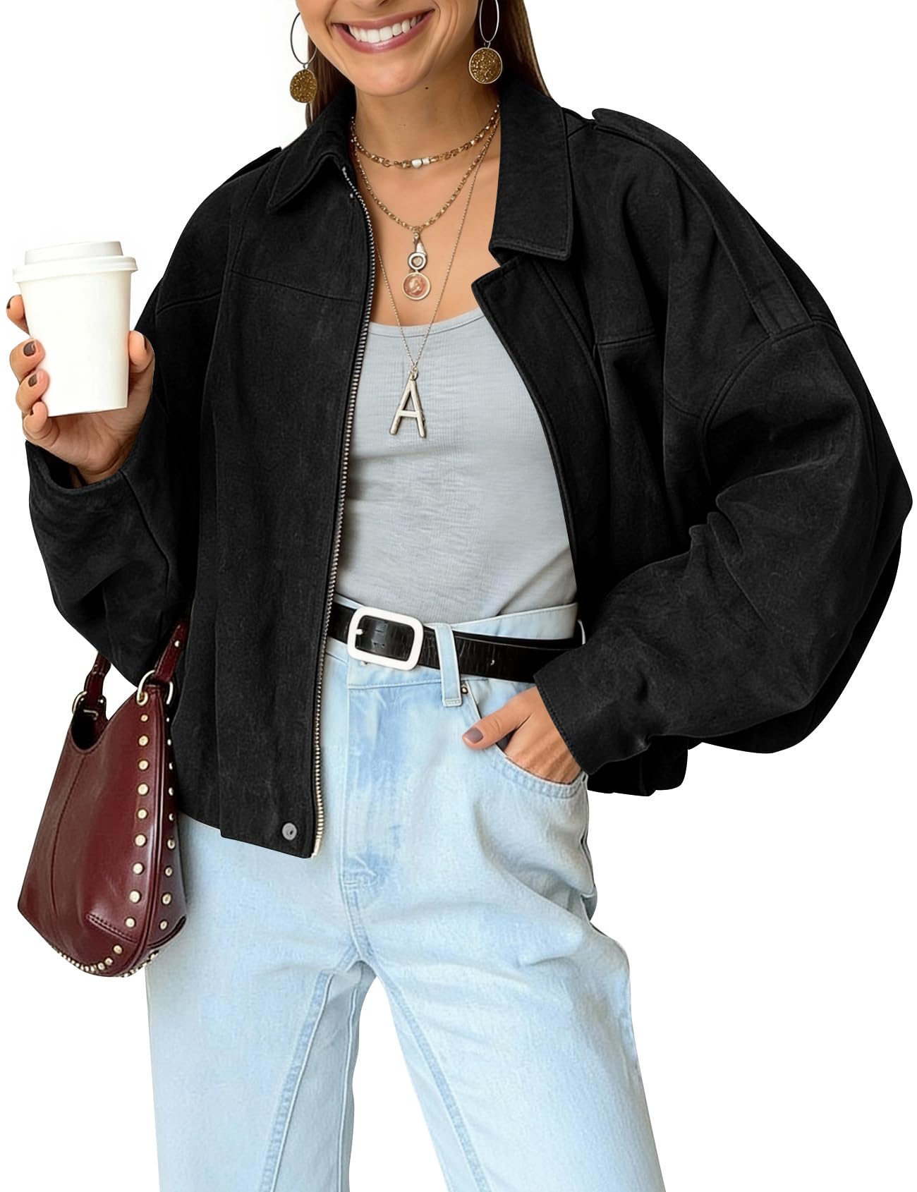 Kissonic Women's Oversized Jackets Faux Suede Bomber Jacket Lapel Pilot Cropped Casual Coat for Streetwear Outerwear(Black-L)