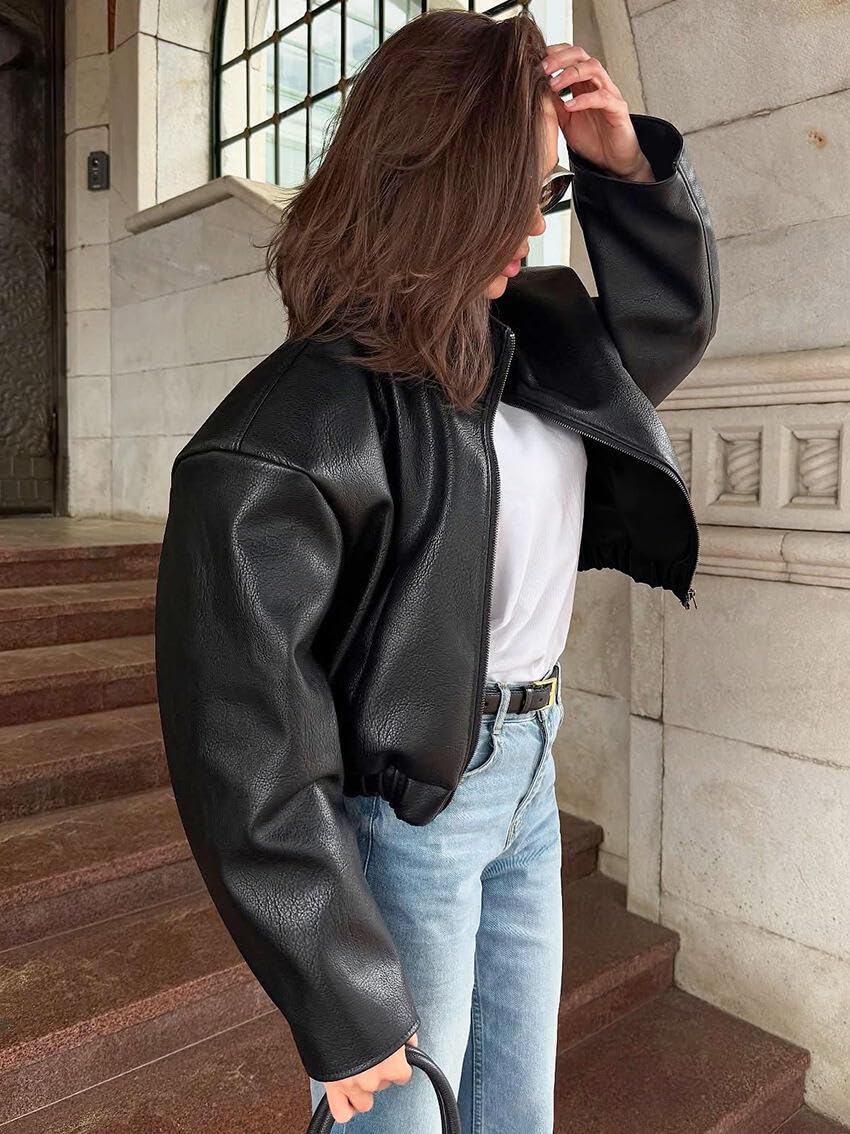 REASERAL Womens Leather Jacket Zipper Stand Collar Motorcycle Jacket Bomber Jacket Fall Winter Faux Coat