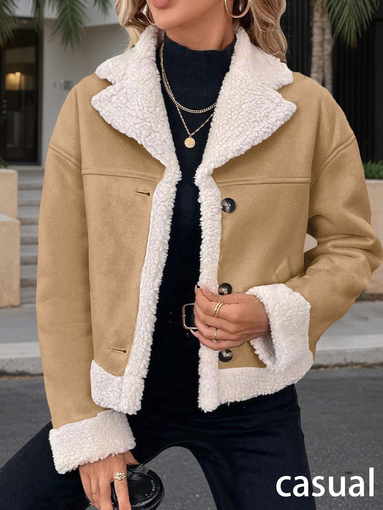 Mina Self Faux Suede Jackets Coats for Women 2025 Winter Brown Cropped Sherpa Fur Leather Jacket Winter Warm Clearance Fleece Fuzzy Shearling Outerwear Short Fashion Trendy Patchwork Casual Coat
