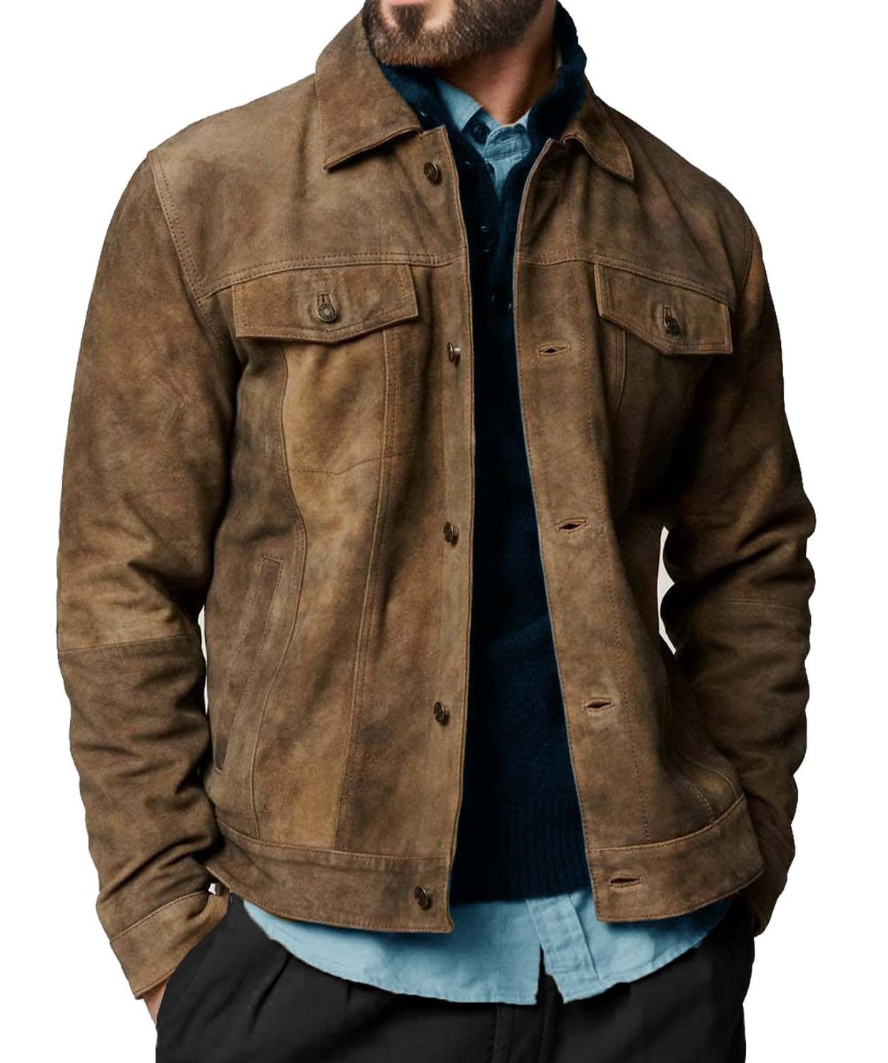 Premium Vintage Trucker Suede Leather Jacket Men Genuine Lambskin Men Leather Jackets Shirt Collar Jackets For Mens (US, Alpha, XX-Large, Regular, Regular, Khaki Suede Leather)