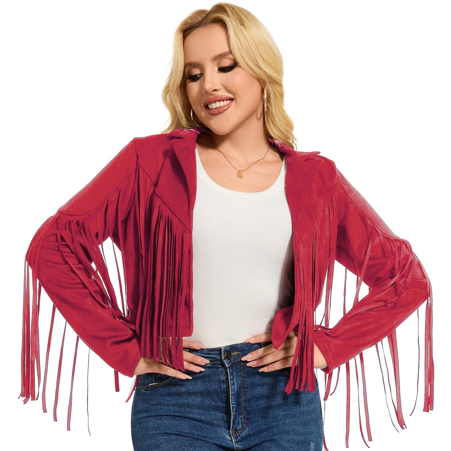 ATAMET 70s Women's Fringe Jackets Faux Suede Leather 60s Party Clothes, Halloween 2025 Fashion Tassel Motorcycle Coats (US, Alpha, 3X-Large, Regular, Regular, Cowgirl Red)