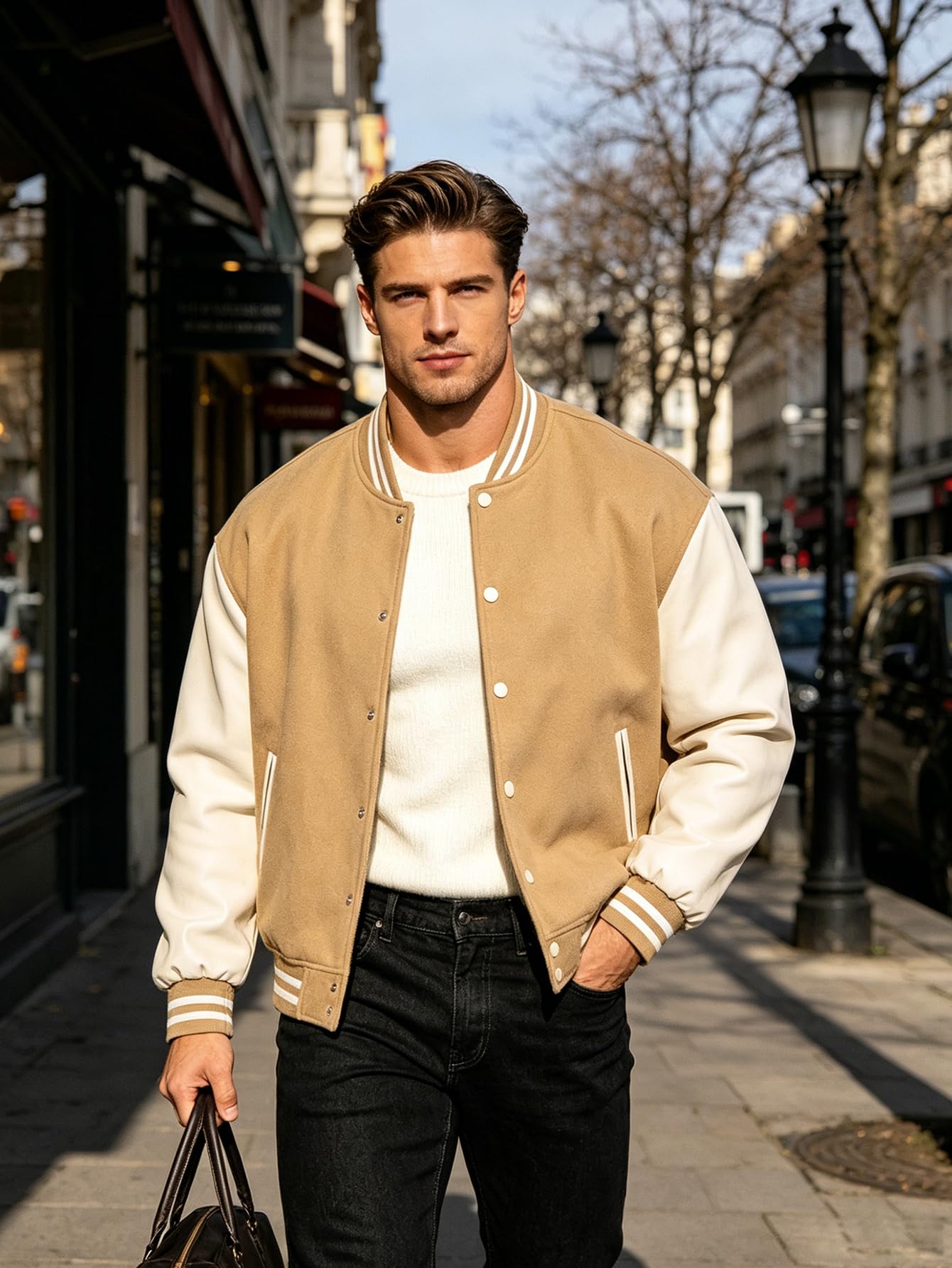 RAOENJADO Men's Varsity Jacket Letterman Bomber Faux Leather Sleeve Casual