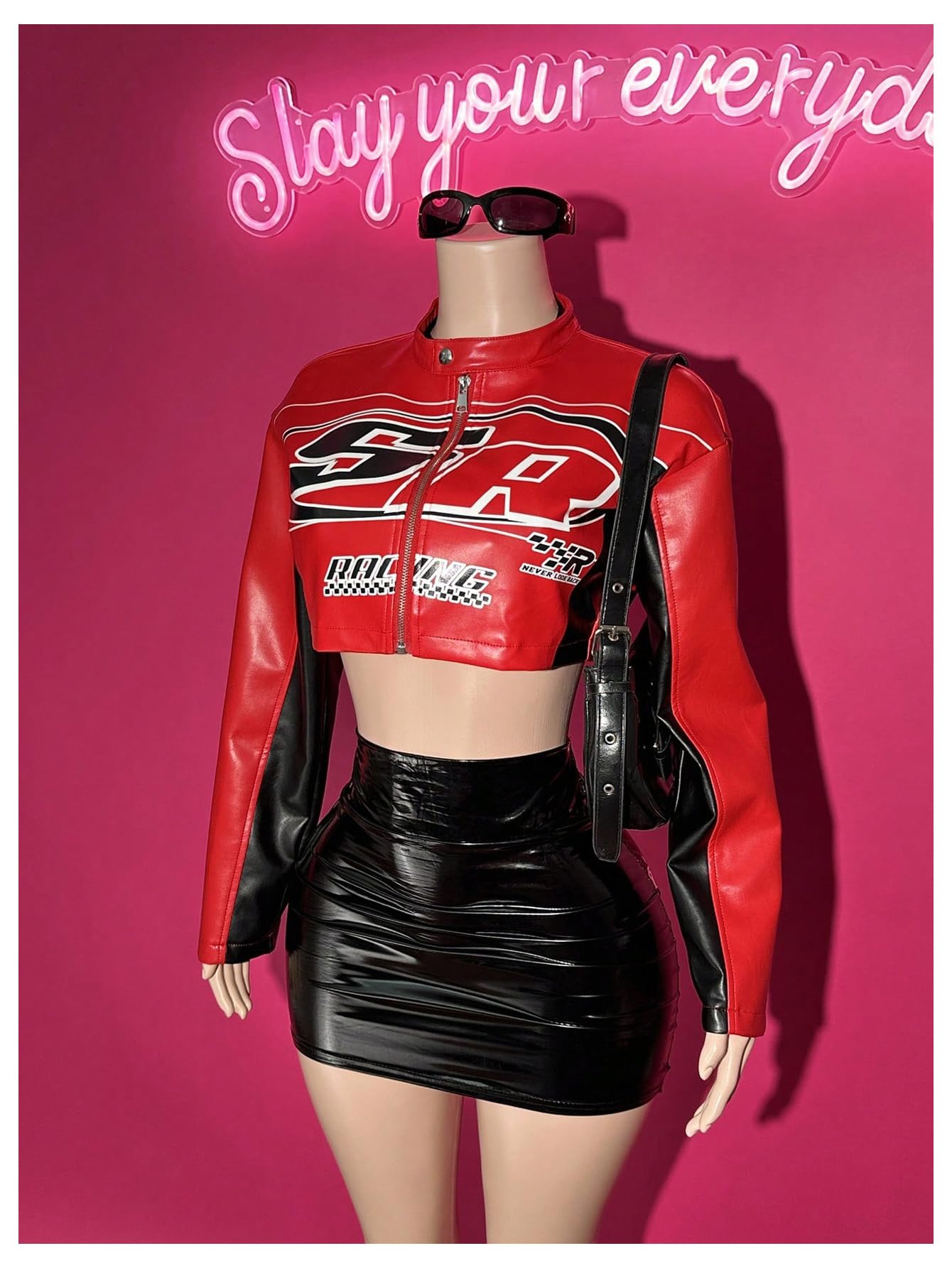 GORGLITTER Women's PU Leather Cropped Jacket F1 Racer Varsity Jacket Zip Up Color Block Graphic Motorcycle Biker Coats Red Large