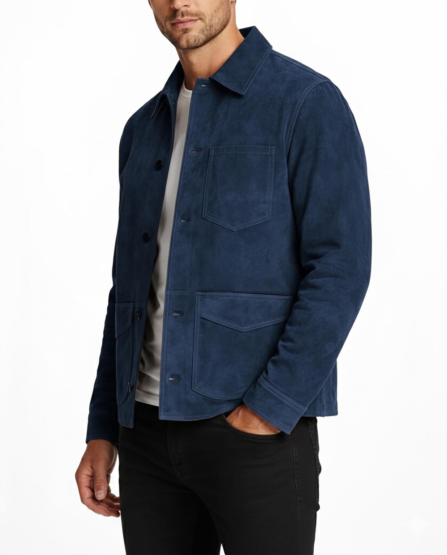 LP-FACON Mens Classic Blue Suede Leather Jacket Shirt Style - Western Trucker Casual Cowboy Suede Leather Jacket 2XL