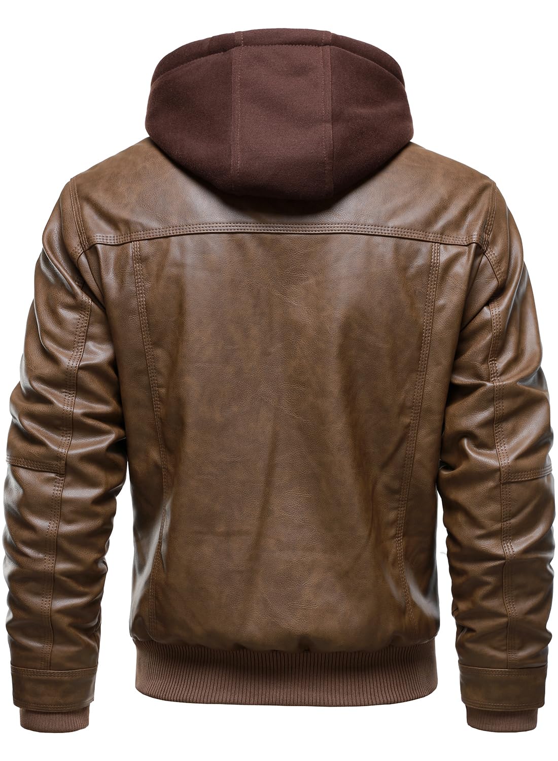 HOOD CREW Men Faux Leather Jacket with Detachable Hood Casual Motorcycle Bomber Jackets Outerwear Brown XXL