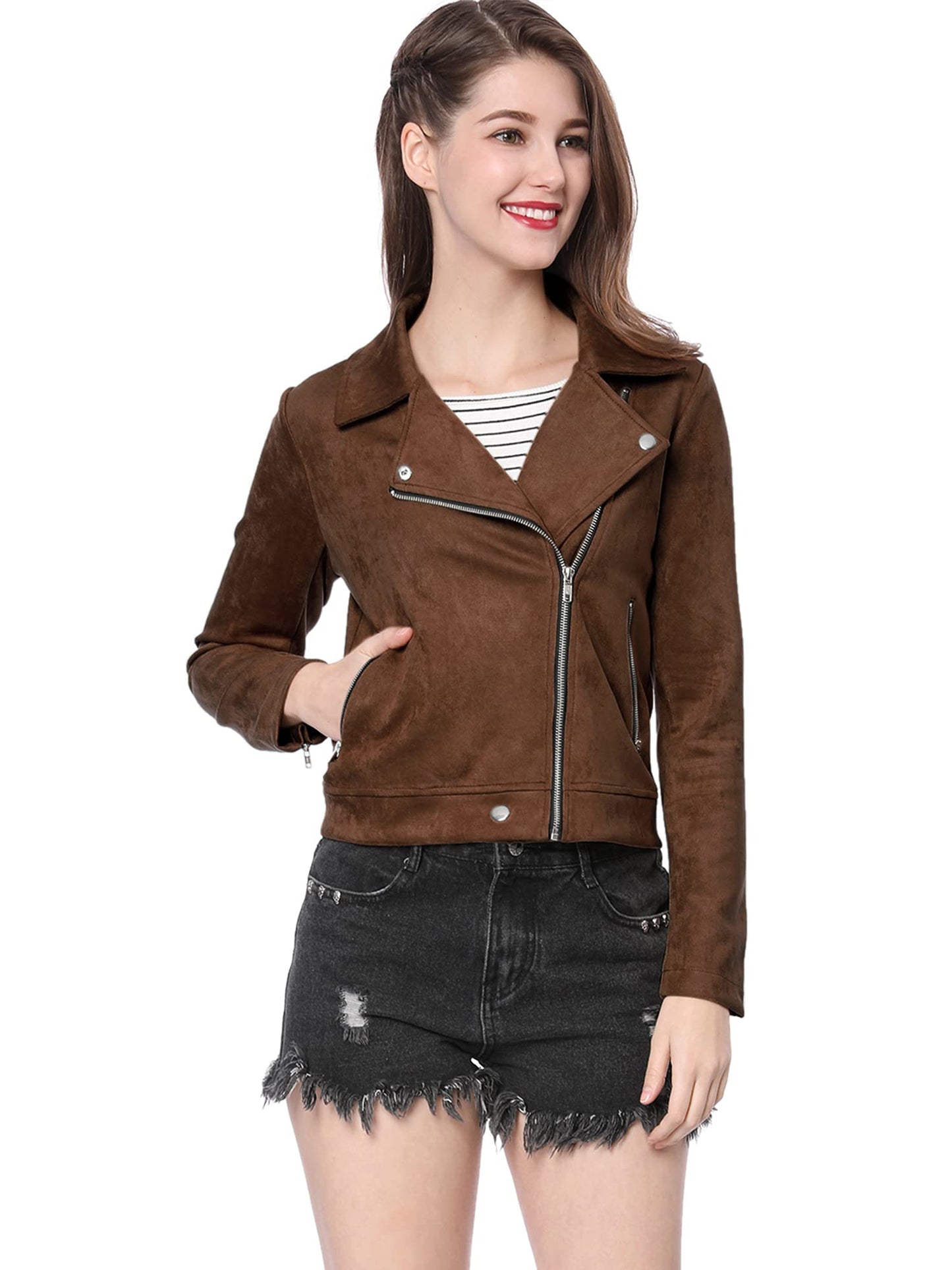 Allegra K Women Short Soft Zip Up Faux Suede Biker Moto Jacket Small Dark Brown