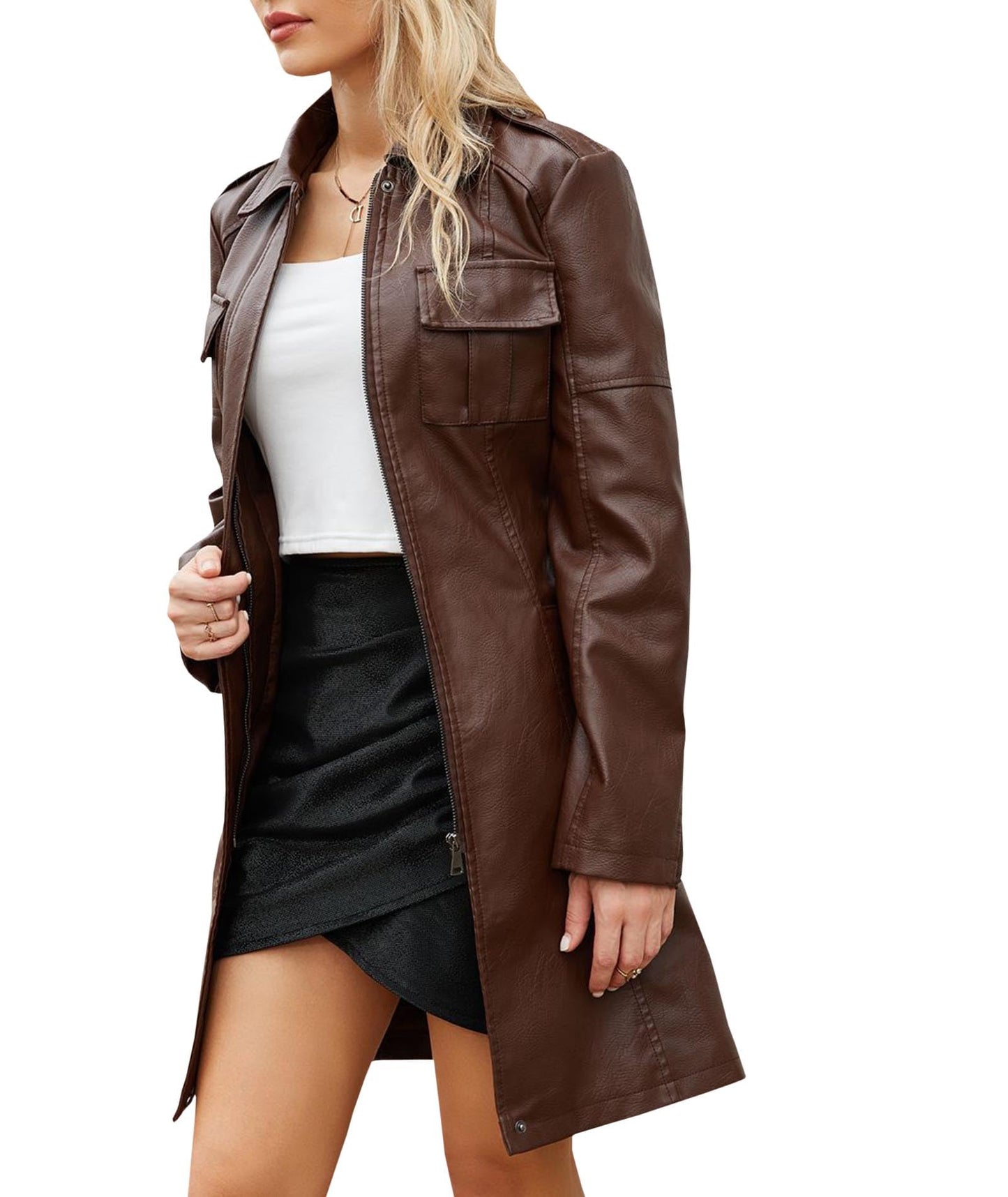 SOMTHRON Women's Mid Length Faux PU Leather Trench Coat Long Sleeve Zip Up Lapel Long Jacket Overcoat with Belt CO-S