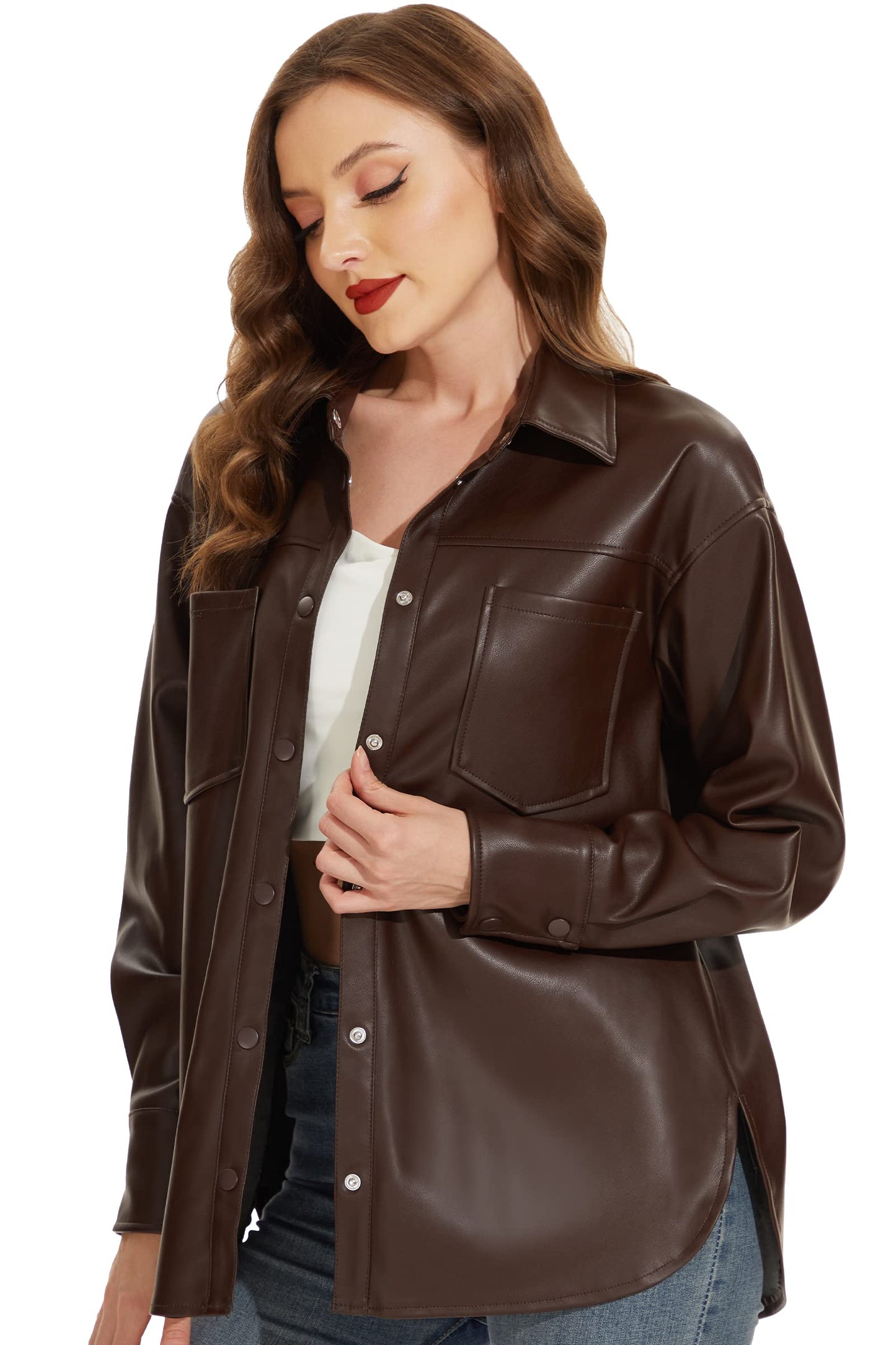 Fahsyee Women Faux Leather Shacket Moto Biker Shirts Loose Fit Blazer Long Sleeves Button Casual Jacket Plus Size S-XXL