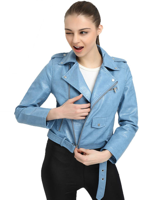 LY VAREY LIN Women's Faux Leather Motorcycle Jacket PU Slim Short Biker Coat (M, Blue)